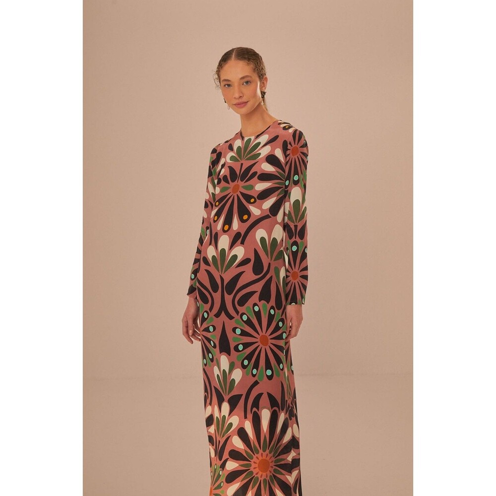 Farm Rio Womens Ainika Flowers Long Sleeve Maxi Dress Large Pink NWOT